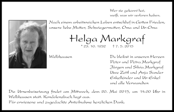 Traueranzeige von Helga Markgraf von Neustadt/ Scheinfeld/ Uffenheim