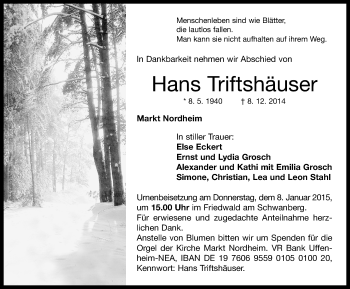 Traueranzeige von Hans Triftshäuser von Neustadt/ Scheinfeld/ Uffenheim