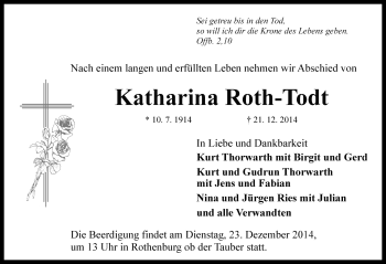 Traueranzeige von Katharina Roth-Todt von Fränkische Landeszeitung