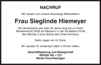 Traueranzeige von Sieglinde Hiemeyer von Dinkelsbühl/ Feuchtwangen