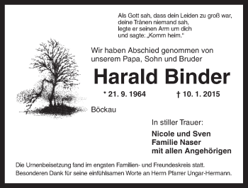 Traueranzeige von Harald Binder von Dinkelsbühl/ Feuchtwangen