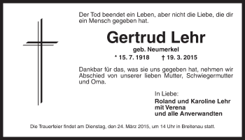 Traueranzeige von Gertrud Lehr von Dinkelsbühl/ Feuchtwangen