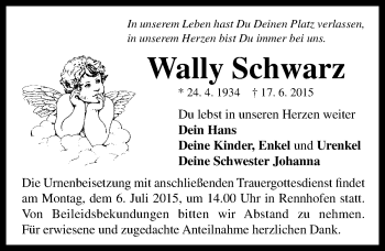 Traueranzeige von Wally Schwarz von Neustadt/ Scheinfeld/ Uffenheim