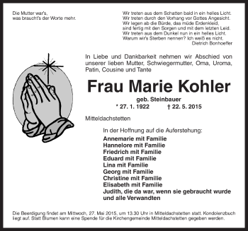 Traueranzeige von Marie Kohler von Ansbach