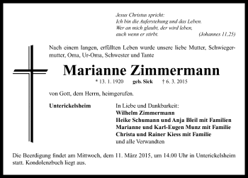 Traueranzeige von Marianne Zimmermann von Neustadt/ Scheinfeld/ Uffenheim