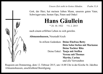 Traueranzeige von Hans Gäullein von Neustadt/ Scheinfeld/ Uffenheim