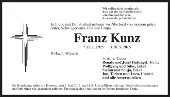Traueranzeige von Franz Kunz von Dinkelsbühl/ Feuchtwangen