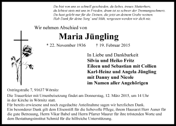 Traueranzeige von Maria Jüngling von Rothenburg