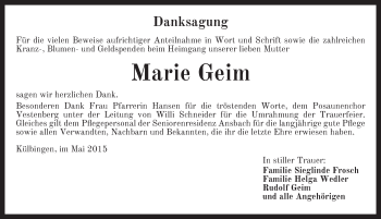 Traueranzeige von Marie Geim von Ansbach