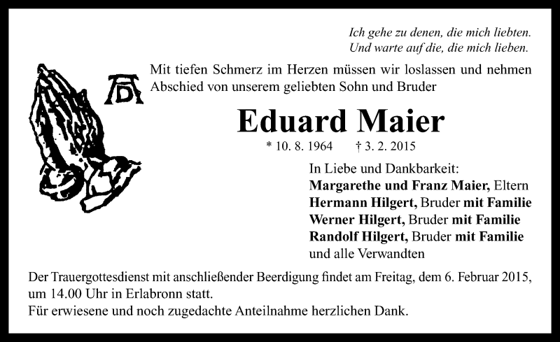  Traueranzeige für Eduard Maier vom 05.02.2015 aus Neustadt/ Scheinfeld/ Uffenheim