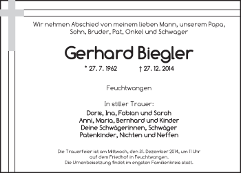 Traueranzeige von Gerhard Biegler von Dinkelsbühl/ Feuchtwangen