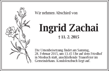 Traueranzeige von Ingrid Zachai von Dinkelsbühl/ Feuchtwangen