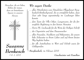 Traueranzeige von Susanne Benkesch von Neustadt/ Scheinfeld/ Uffenheim