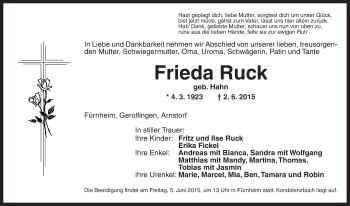 Traueranzeige von Frieda Ruck von Dinkelsbühl/ Feuchtwangen