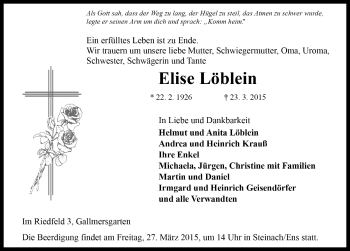 Traueranzeige von Elise Löblein von Neustadt/ Scheinfeld/ Uffenheim