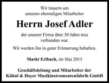 Traueranzeige von Josef Adler von Neustadt/ Scheinfeld/ Uffenheim