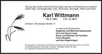 Traueranzeige von Karl Wittmann von Ansbach