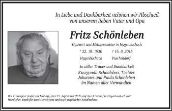 Traueranzeige von Fritz Schönleben von Neustadt/ Scheinfeld/ Uffenheim