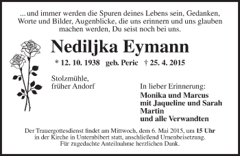 Traueranzeige von Nediljka Eymann von Ansbach