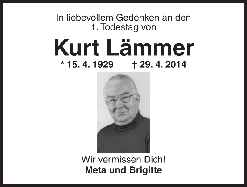  Traueranzeige für Kurt Lämmer vom 29.04.2015 aus Dinkelsbühl/ Feuchtwangen