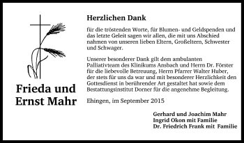 Traueranzeige von Frieda und Ernst Mahr von Dinkelsbühl/ Feuchtwangen