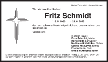 Traueranzeige von Fritz Schmidt von Dinkelsbühl/ Feuchtwangen