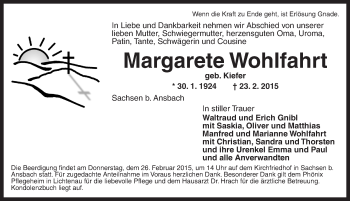 Traueranzeige von Margarete Wohlfahrt von Ansbach