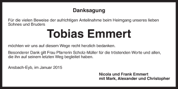 Traueranzeige von Tobias Emmert von Ansbach