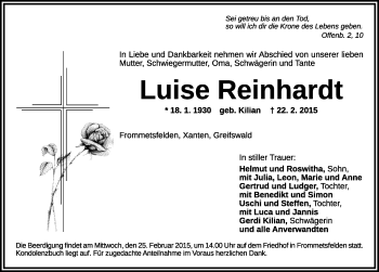 Traueranzeige von Luise Reinhardt von Rothenburg