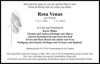 Traueranzeige von Rosa Venus von Rothenburg