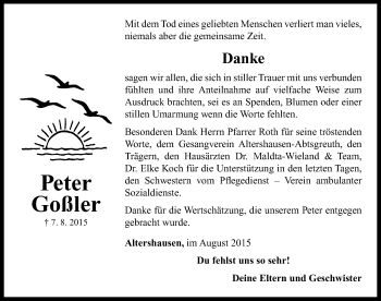 Traueranzeige von Peter Goßler von Neustadt/ Scheinfeld/ Uffenheim