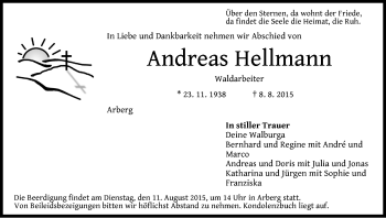 Traueranzeige von Andreas Hellmann von Dinkelsbühl/ Feuchtwangen