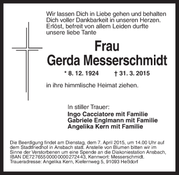 Traueranzeige von Gerda Messerschmidt von Ansbach