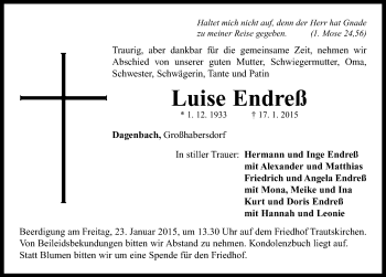 Traueranzeige von Luise Endreß von Neustadt/ Scheinfeld/ Uffenheim