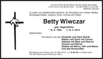 Traueranzeige von Betty Wiwczar von Ansbach