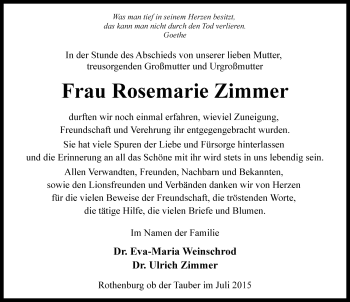 Traueranzeige von Rosemarie Zimmer von Rothenburg