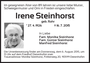 Traueranzeige von Irene Steinhorst von Ansbach