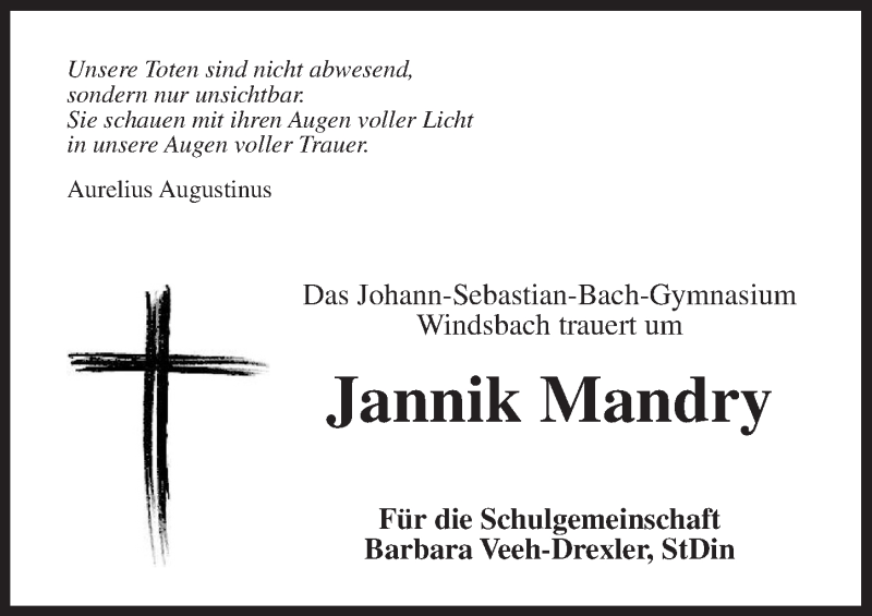  Traueranzeige für Jannik Mandry vom 12.09.2015 aus Ansbach