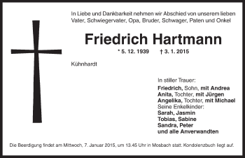 Traueranzeige von Friedrich Hartmann von Dinkelsbühl/ Feuchtwangen