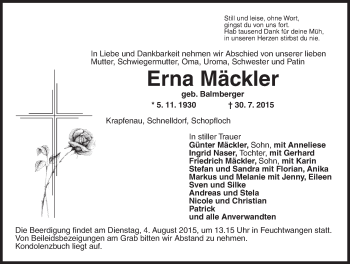 Traueranzeige von Erna Mäckler von Dinkelsbühl/ Feuchtwangen