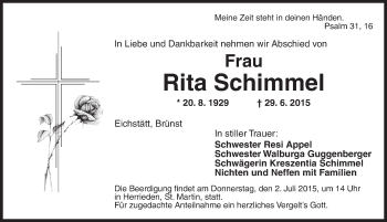 Traueranzeige von Rita Schimmel von Ansbach
