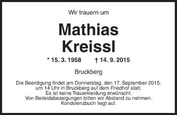 Traueranzeige von Mathias Kreissl von Ansbach