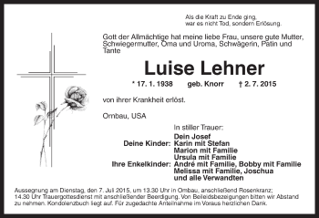 Traueranzeige von Luise Lehner von Ansbach