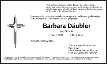 Traueranzeige von Barbara Däubler von Dinkelsbühl/ Feuchtwangen