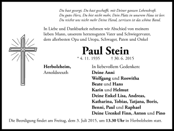 Traueranzeige von Paul Stein von Neustadt/ Scheinfeld/ Uffenheim