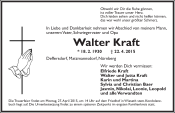 Traueranzeige von Walter Kraft von Ansbach