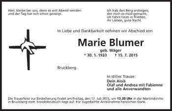 Traueranzeige von Marie Blumer von Ansbach