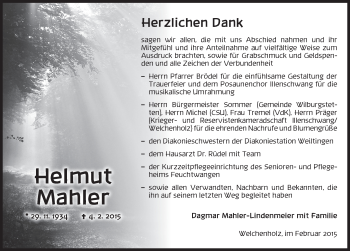 Traueranzeige von Helmut Mahler von Dinkelsbühl/ Feuchtwangen