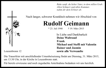 Traueranzeige von Rudolf Geimann von Rothenburg