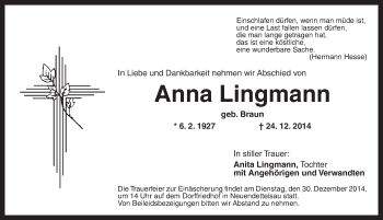 Traueranzeige von Anna Lingmann von Ansbach